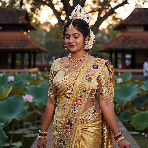 Woman in Traditional Thiruvathira Costume in South Indian Temple Garden