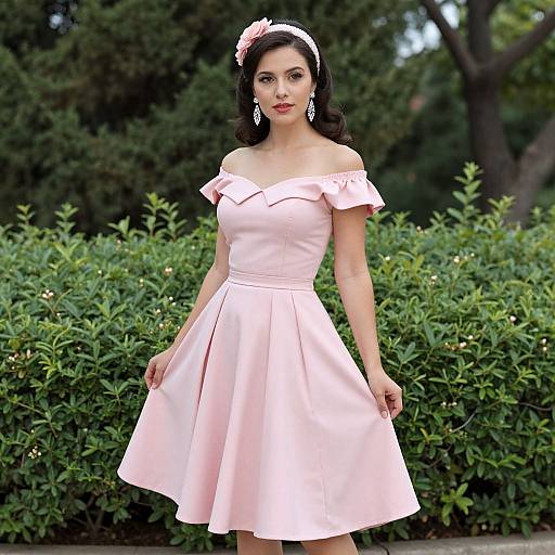 Photograph of a fair-skinned woman with dark hair, wearing a pink off-shoulder, flared dress, pink headband, and dangling