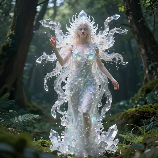 Digital fantasy art of a glowing, ethereal woman with flowing crystal-like hair and dress, standing in a dark, enchanted forest.