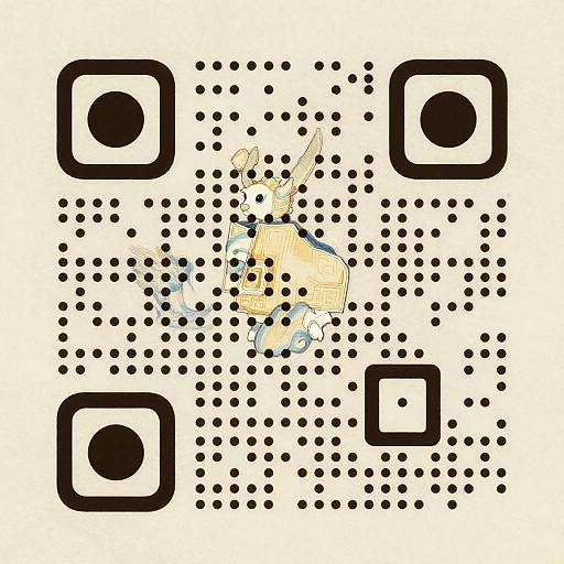 Digital art of a yellow, anthropomorphic rabbit partially obscured by black dot pattern, surrounded by four large black squares. White background.