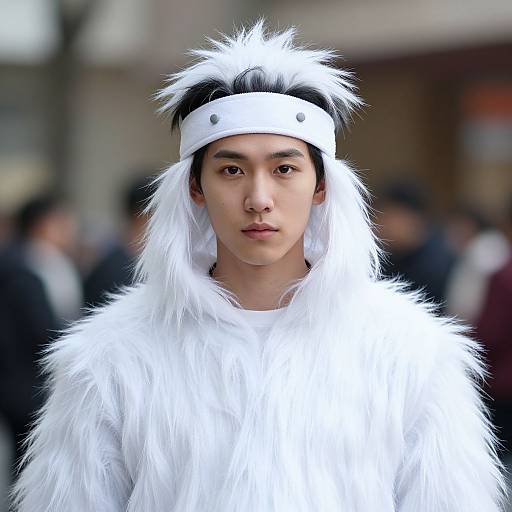 Photograph of a young Asian man with fair skin wearing a white, fluffy costume with a white headband, standing in a blurred urban background.
