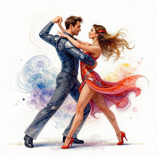 Dynamic digital painting of a dancing couple; man in blue suit, woman in red dress and heels, swirling colors in background.