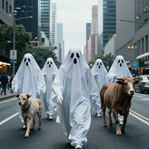 Photograph of six people in white ghost costumes with black eyes, walking a dog and a brown cow on an urban street.