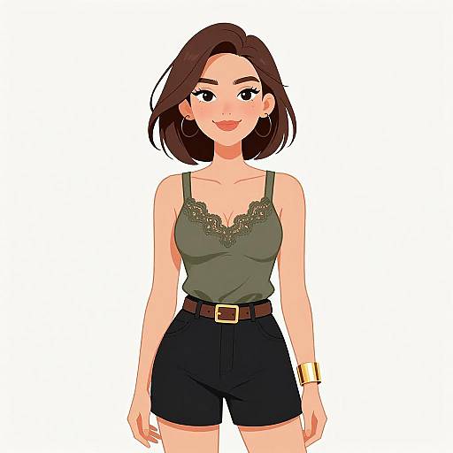 Digital anime-style drawing of a smiling woman with dark brown hair, green lace-trimmed tank top, black shorts, brown belt, gold bracelet,