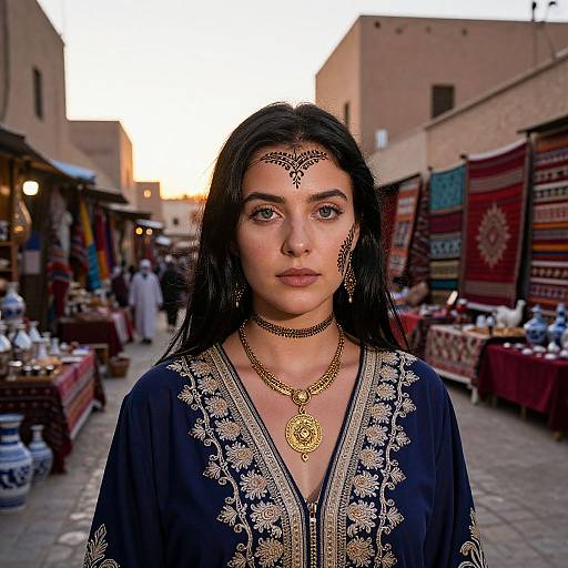 Photograph of a young woman with long black hair, wearing a navy blue embroidered top, intricate henna on her forehead, gold necklace, and standing