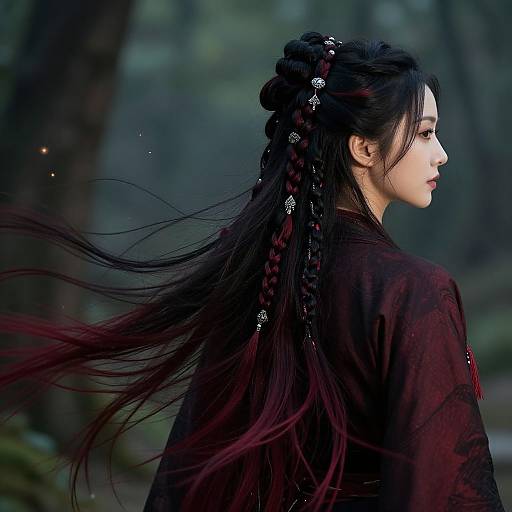 Photograph of an Asian woman with long, black braided hair adorned with white beads, wearing a dark red, flowing robe, standing in a blurred