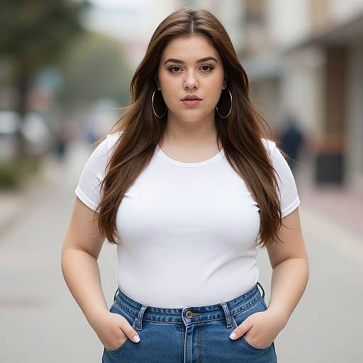 Photograph of a young Latina woman with long brown hair, wearing a white t-shirt and blue jeans, standing with hands in pockets on a blurred urban