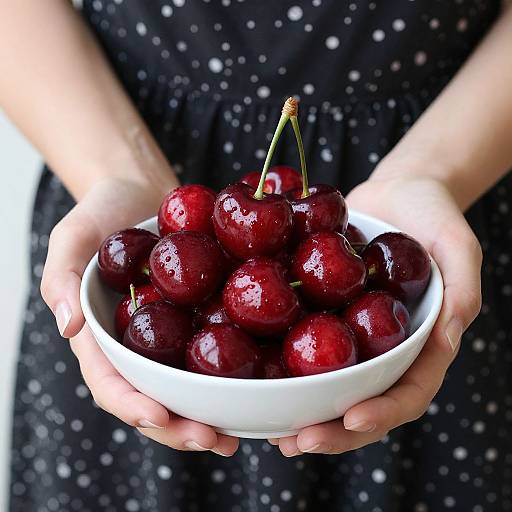Photograph of a person's hands holding a white bowl filled with shiny, dark red cherries, wearing a black polka dot dress.
