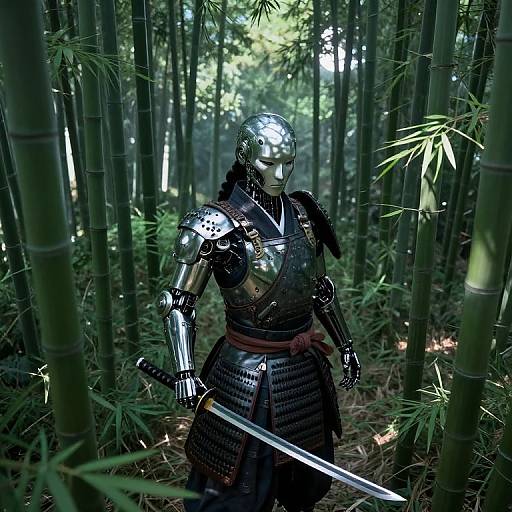 CGI image of a metallic samurai warrior with a reflective helmet, black armor, and katana, standing in a dense bamboo forest.