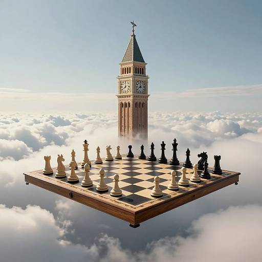 Floating Clock Tower Over Chessboard