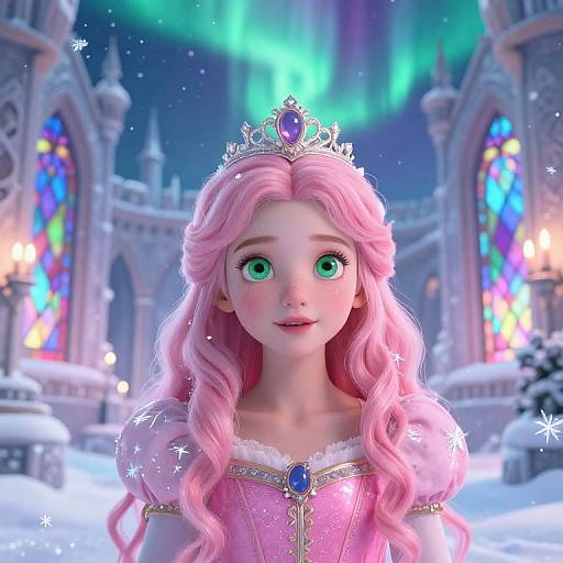 CGI image of a wide-eyed, pink-haired princess with green eyes, wearing a tiara and pink dress, standing in a snowy castle with colorful