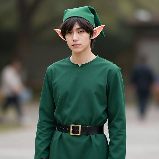 Photograph of a young man with pale skin and black hair, wearing a green elf costume with pointed ears, long-sleeved tunic, black