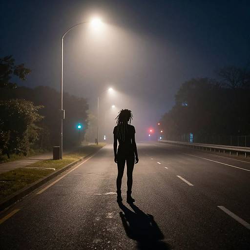 Photograph of a silhouetted person with long, dark dreadlocks walking down a foggy, illuminated, empty road at night.