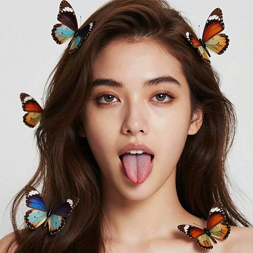 Young Woman with Butterflies and Tongue Out