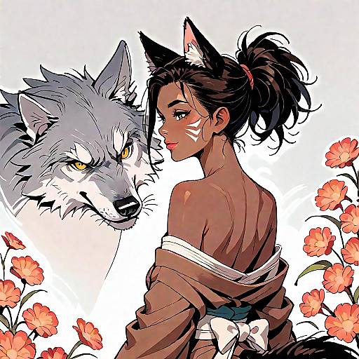 Digital illustration of a dark-skinned, cat-eared woman with black hair in a ponytail, back turned, wearing a kimono, beside a