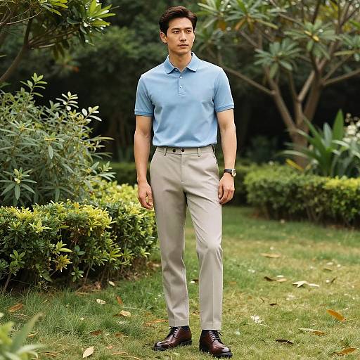 Photograph of a young man with short dark hair, wearing a light blue polo shirt, beige pants, black shoes, standing in a lush green garden