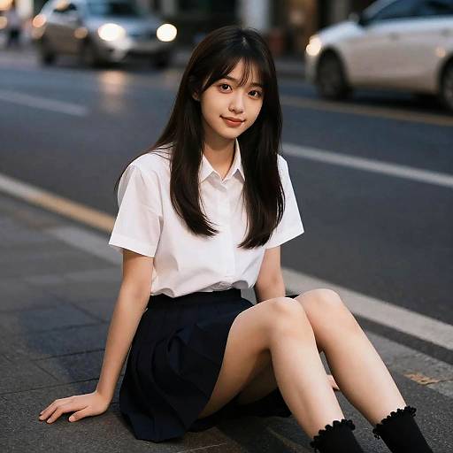 Photograph of an Asian woman with long black hair, sitting on a city street at dusk, wearing a white shirt, black skirt, and black socks
