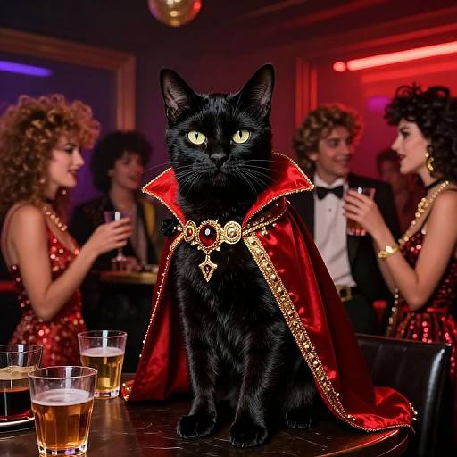 Photograph-style CGI of a regal black cat with glowing green eyes, wearing a red and gold cape, surrounded by elegantly dressed people in a
