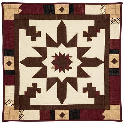 Geometric patchwork quilt featuring a starburst pattern with dark brown, beige, and black squares; symmetrical design with textured fabric.