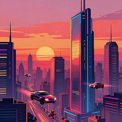 Neon-lit cityscape at sunset with flying cars, futuristic skyscrapers, and vibrant pink-orange sky. Digital illustration in retro-futuristic