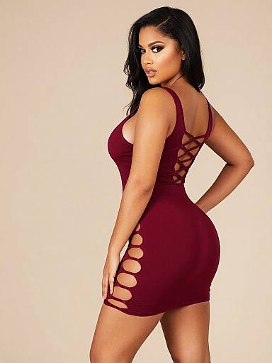 Photograph of a curvy, dark-skinned woman with long black hair, wearing a tight, maroon mini dress with cut-out sides, looking