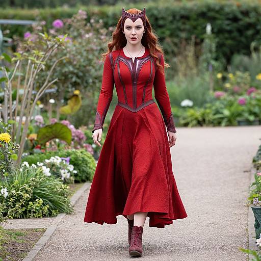Photograph of a fair-skinned woman with red hair, wearing a red, long-sleeved, Victorian-style dress and headpiece, walking on
