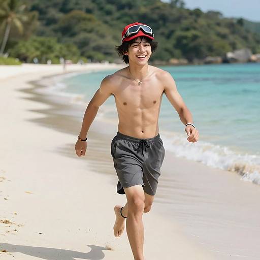 Young shirtless Asian man with black hair, red goggles, and black shorts runs joyfully on a tropical beach with turquoise water and green forest in the