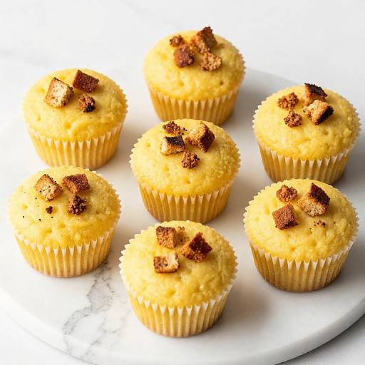 Photograph of six golden-yellow muffins with crumbly brown sugar topping, each in a white paper liner, on a white plate.