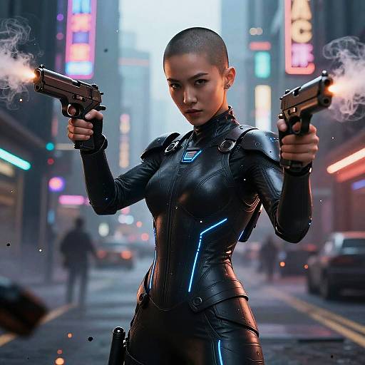 CGI image of a fierce, bald woman in a black, form-fitting, futuristic suit, holding two smoking handguns in a neon-lit,