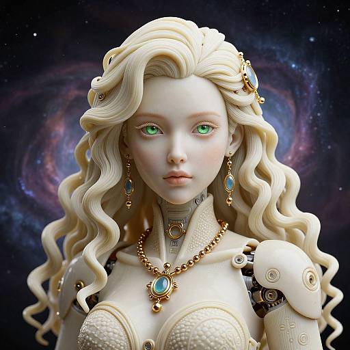 Digital artwork of a beautiful, pale-skinned, green-eyed, blonde-haired, cybernetic woman with flowing hair, gold jewelry, and space galaxy
