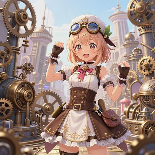 Anime-style drawing of a cute blonde girl with goggles, black and white outfit, and frilled skirt, in a steampunk city with large gears