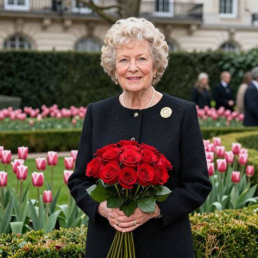 Photograph of an elderly woman with curly white hair, wearing a black dress, holding a bouquet of red roses, standing in a garden with pink tul