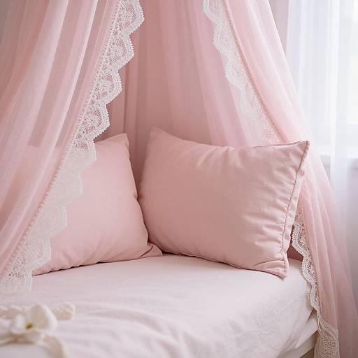 Photograph of a cozy pink canopy bed with white lace trim, two pink pillows, and soft white bedding, illuminated by natural light.