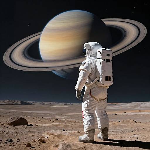 Astronaut Gazing at Saturn's Rings on Alien Planet