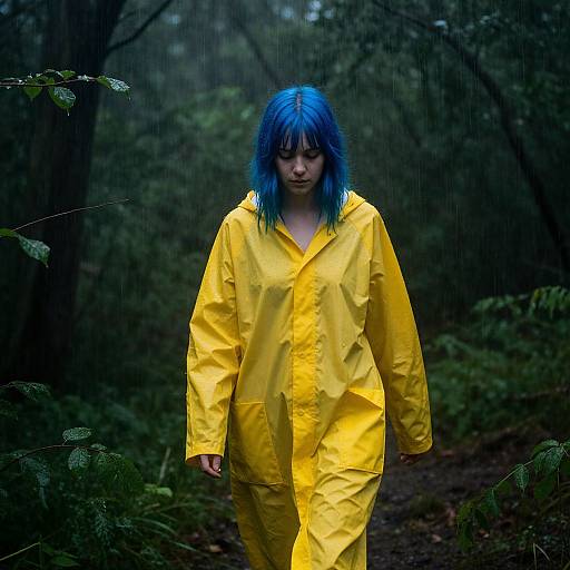 Woman in Blue Hair and Yellow Raincoat