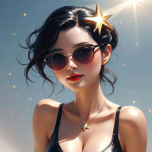 Digital art of an Asian woman with black hair, wearing round sunglasses, a star hairpin, black tank top, and star necklace, against a bright