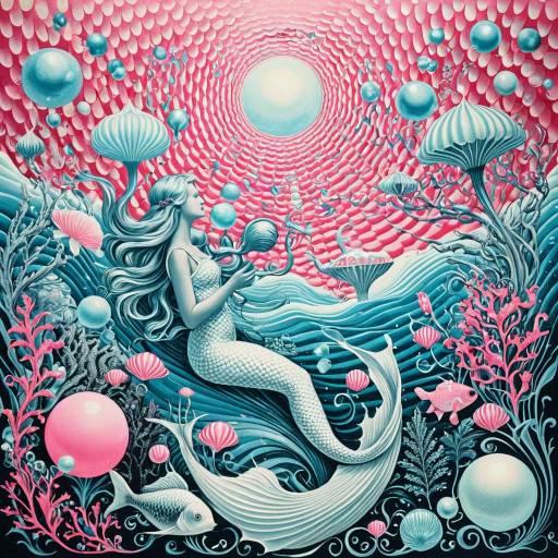 Surreal Psychedelic Mermaid and Bioluminescent Underwater Scene