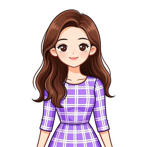 Anime-style digital drawing of a cute young woman with long brown hair, wearing a purple and white checkered dress, smiling.