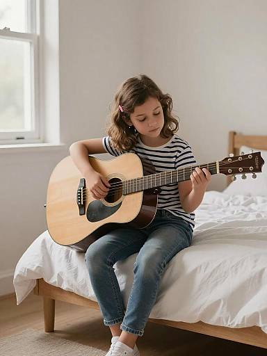 Child Playing Guitar in Cozy Bedroom