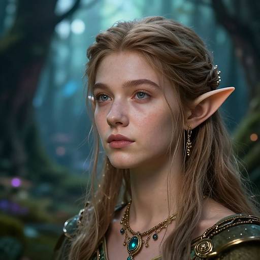 Digital artwork of a fair-skinned, blue-eyed elven woman with long brown hair, pointed ears, and intricate gold jewelry in a mystical forest.