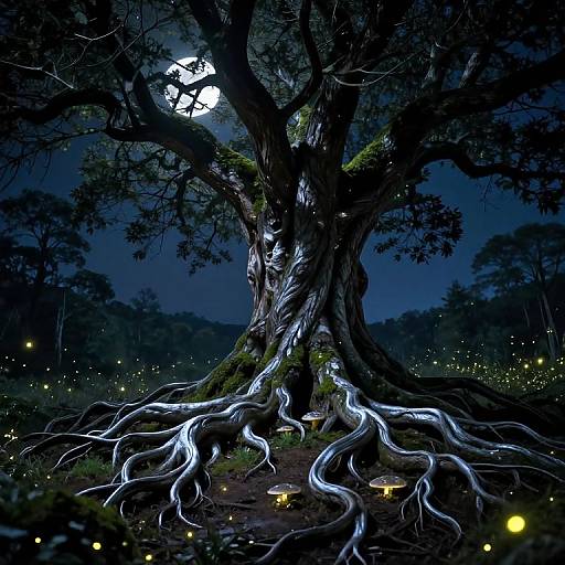 Photograph of a glowing, ancient tree with illuminated roots, surrounded by twinkling fireflies under a full moon in a dark, enchanted forest.