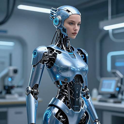 Photorealistic CGI of a female humanoid robot with shiny silver metal body, blue-lit joints, and a serene expression, standing in a futuristic lab