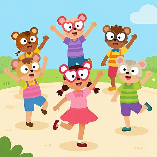 Cartoon illustration of six children with bear ears, colorful clothes, and large eyes, joyfully jumping in a sunny, grassy park.