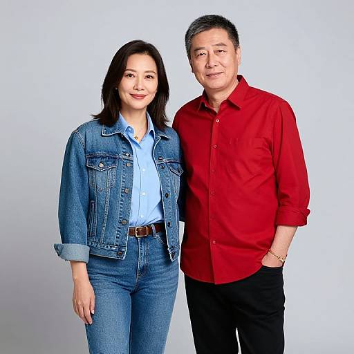 Photograph of an Asian couple standing against a plain white background. Woman in blue denim jacket and jeans, man in red shirt and black pants, both