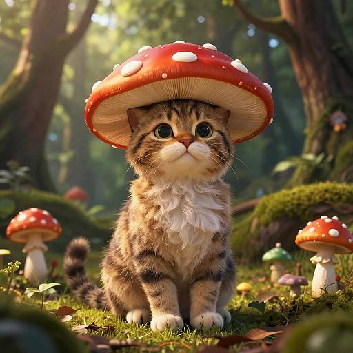 Digital artwork of a cute, wide-eyed tabby kitten wearing a giant red-and-white-spotted mushroom hat, surrounded by whimsical forest mushrooms in sunlight