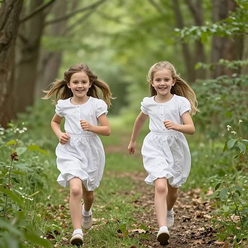 Photograph of two smiling, blonde-haired girls in white dresses running through a lush, green forest path with sunlight filtering through trees.
