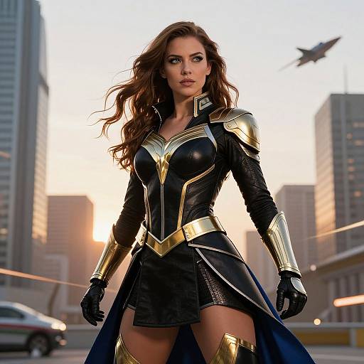 Photorealistic CGI of a confident, brunette superhero woman with wavy hair, wearing a black and gold armored suit, standing in a cityscape at