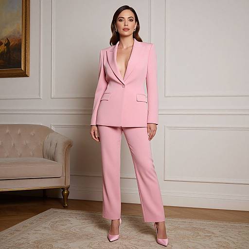 Photograph of a confident woman in a pink blazer and matching pants, standing in an elegant room with white walls, beige sofa, and framed painting