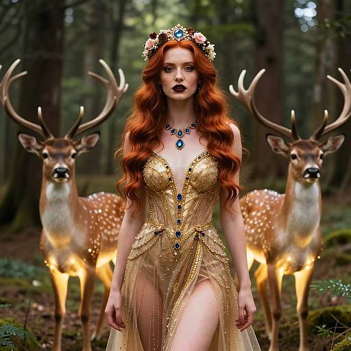 Digital art: Red-haired, fair-skinned woman in gold, sheer dress with blue jewels, flower crown, standing in forest, flanked by glowing