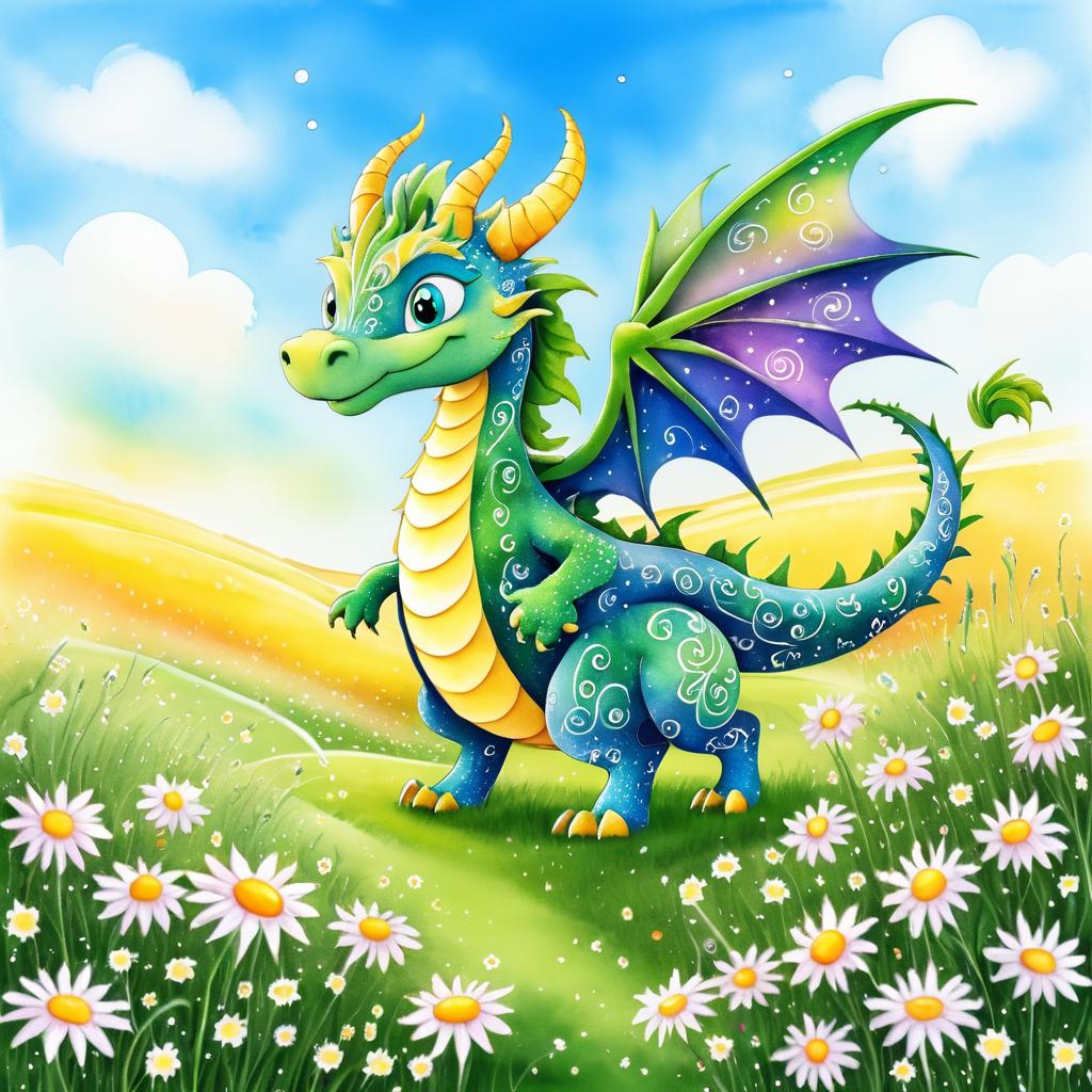 Whimsical Dragon in a Daisies Field